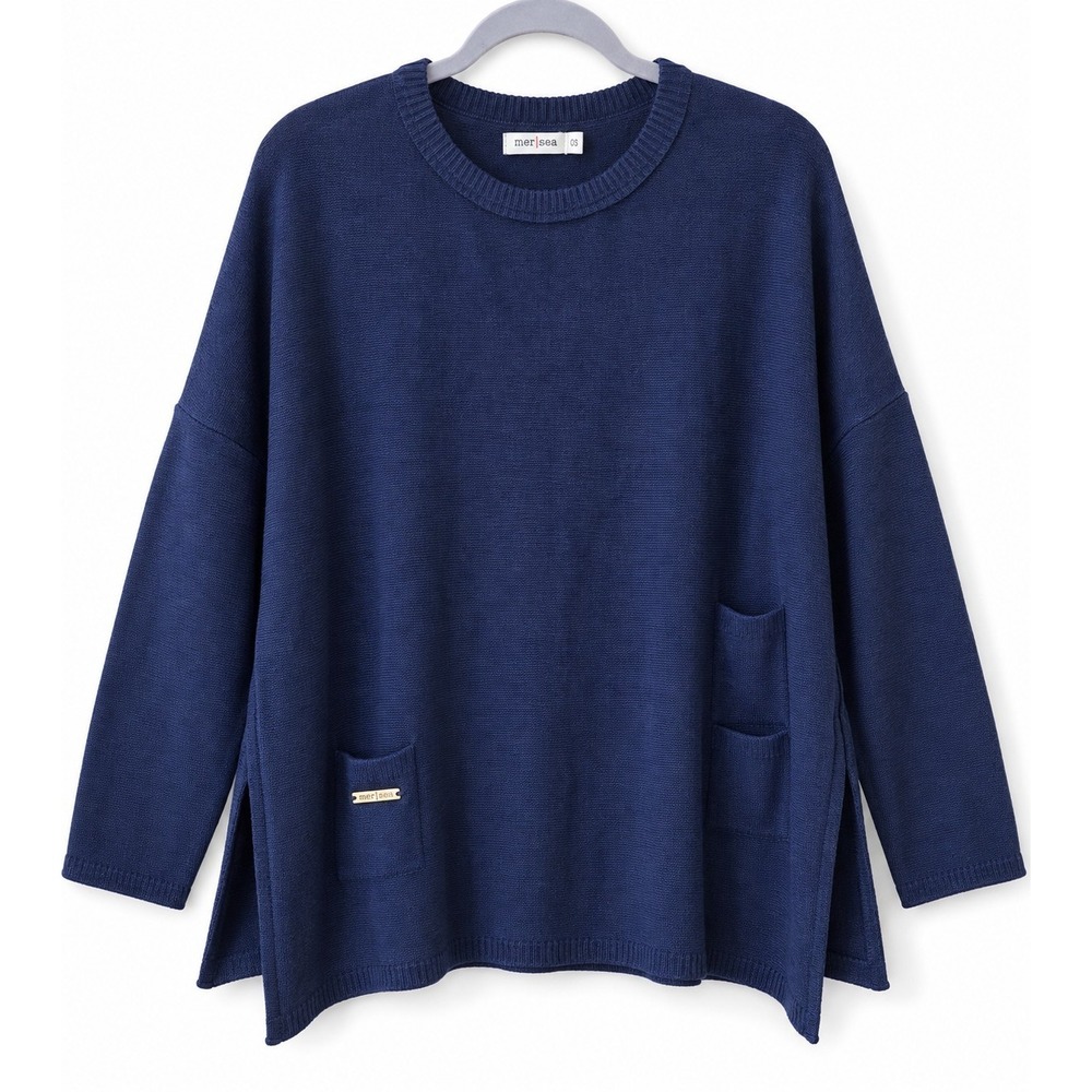 MERSEA Mer Sea Sweater OS Navy Blue Oversized Tunic Pullover Pockets Side Slit
